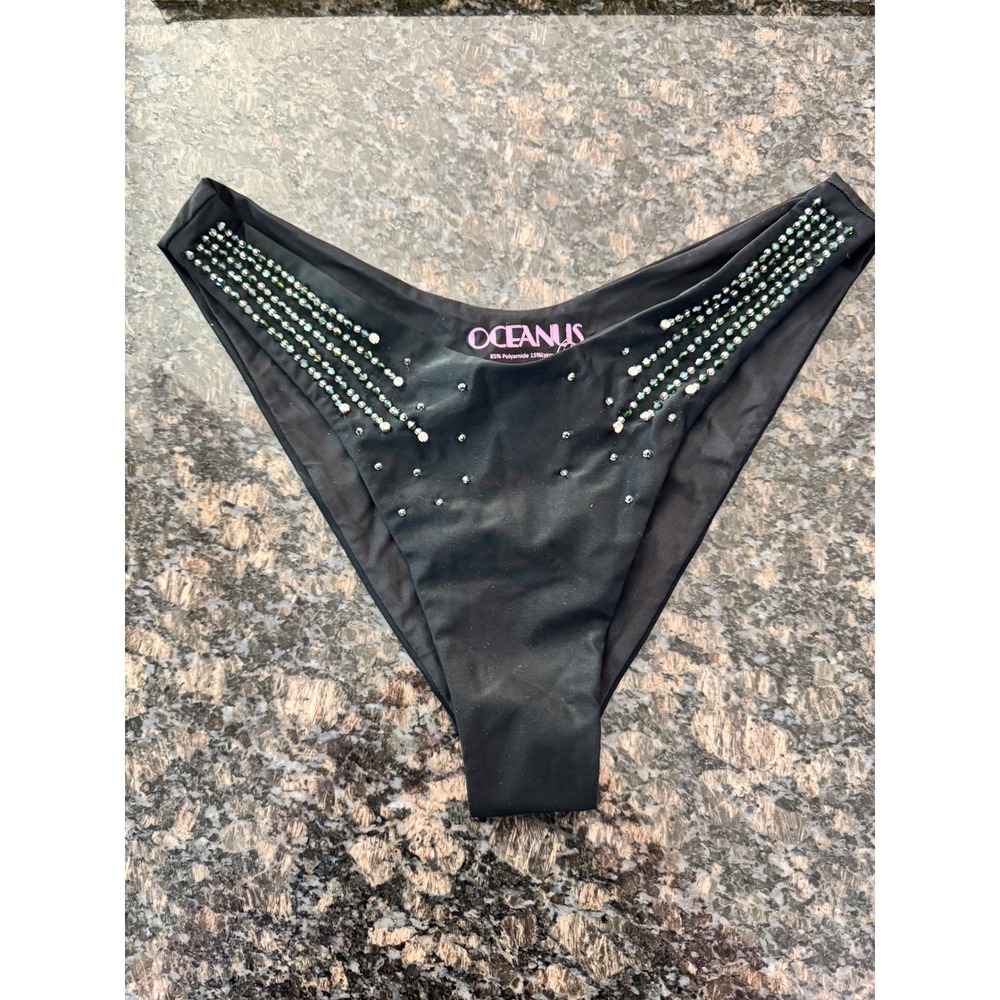 Oceanus Black‎ Beaded High Cut Bikini Bottoms V-Front Swimwear Made in London L